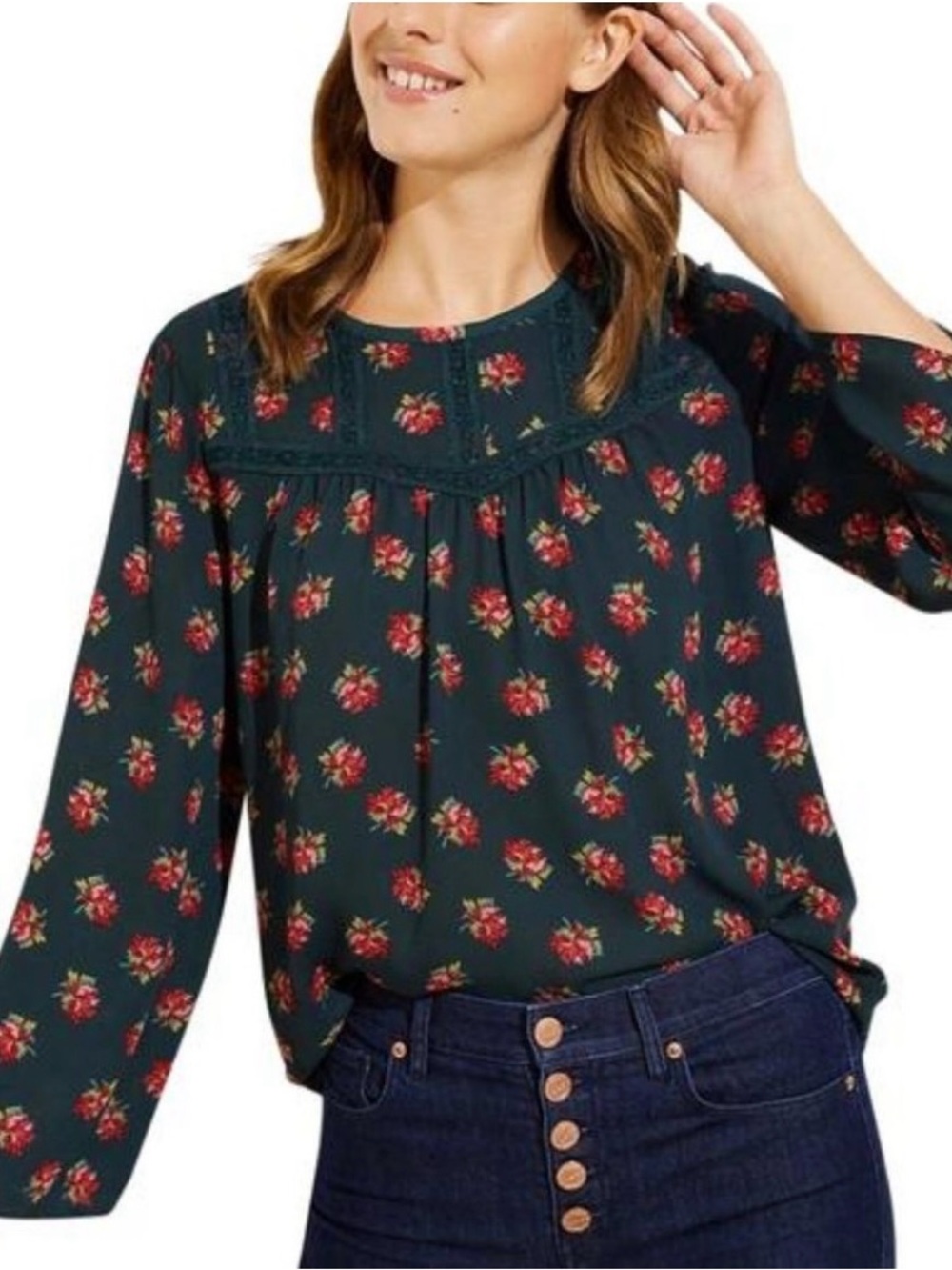 LOFT Dark Green Floral Long-Sleeve Blouse
